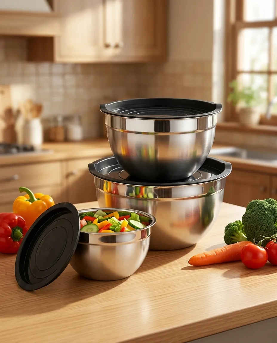 Jogo de 3 Bowls de Aço Inox com Tampa de Silicone